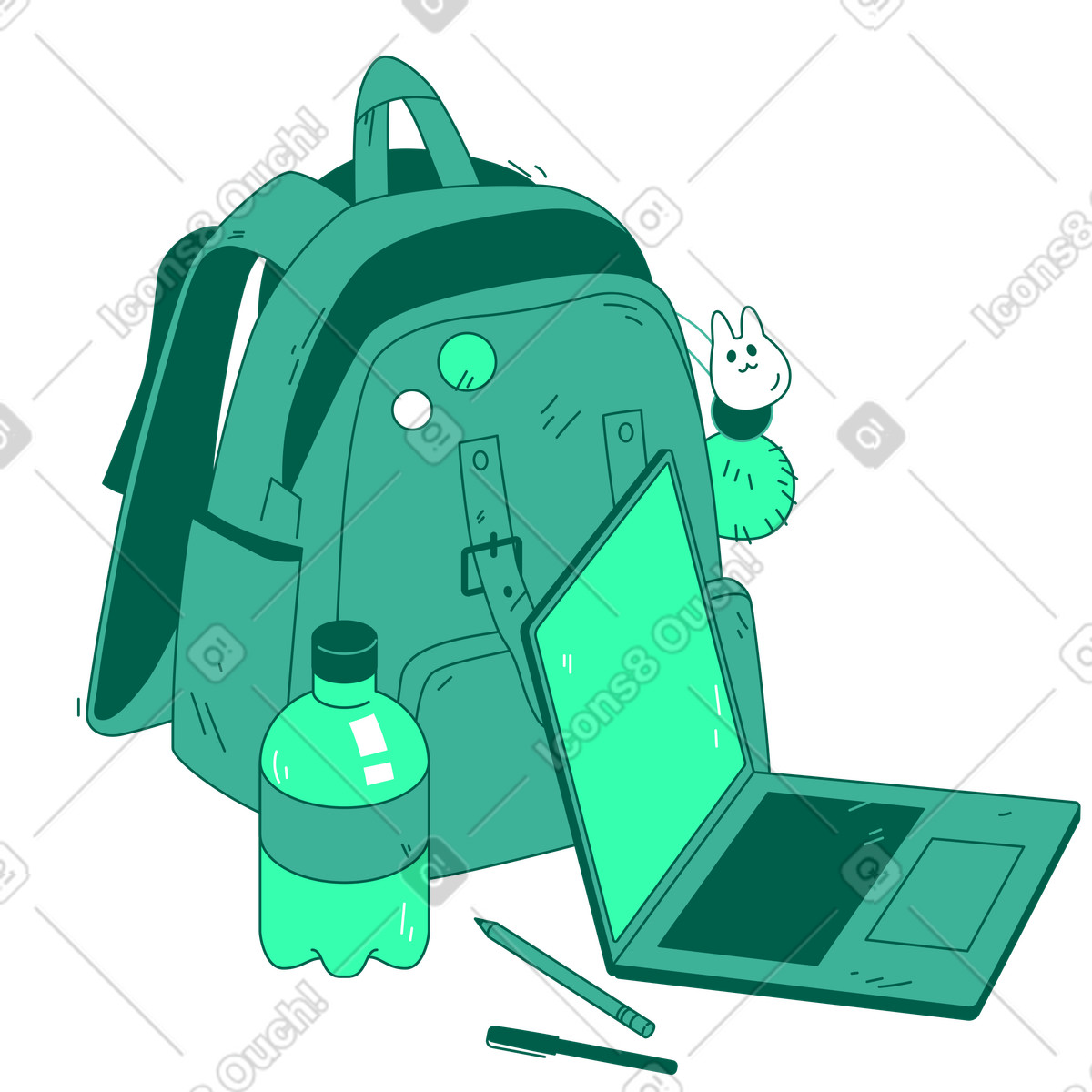 School backpack with laptop and bottle illustration in PNG, SVG