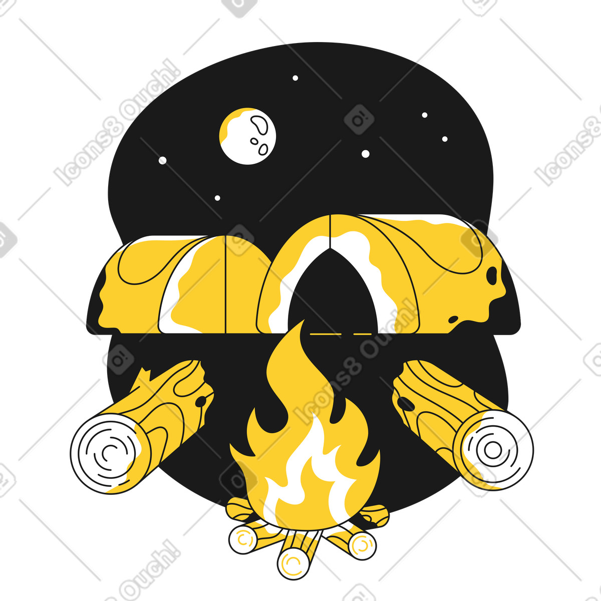 Illustration Camping avec tentes et feu de camp la nuit dans le style Taxi à télécharger aux formats PNG, SVG