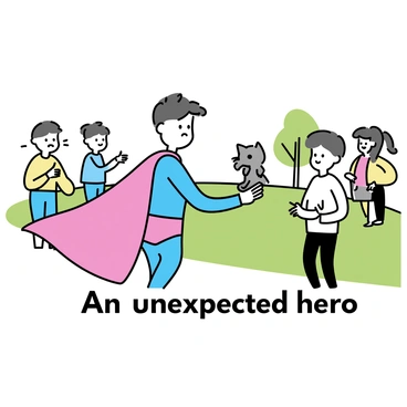 A person dressed as a superhero in a bright blue costume with a flowing red cape is standing in a park. The superhero is looking surprised while holding a small gray kitten in their arms. The kitten is fluffy and has large, curious eyes. Nearby, a group of onlookers, including a child pointing excitedly, watch the scene unfold. The background features green grass and a few trees, providing a casual outdoor setting for this unexpected moment. "An unexpected hero" is written in bold letters at the bottom.
