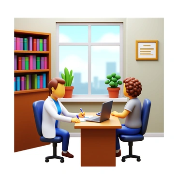 A doctor with short brown hair wearing a white coat is sitting at a wooden desk. The doctor is writing notes while looking at a patient. The patient is a middle-aged woman with curly hair, dressed in casual clothing, sitting across from the doctor. The cozy office features a bookshelf filled with medical books and a potted plant on the windowsill. There is a framed certificate on the wall beside a window that lets in natural light. A stethoscope is draped over the desk near a laptop.