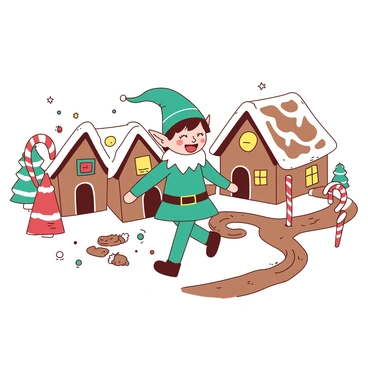 A teal elf with pointed ears and a cheerful expression is walking through a miniature gingerbread village. The village is filled with various small gingerbread houses, each decorated with colorful candy accents such as gumdrops, icing, and lollipops. The elf is wearing a festive green outfit adorned with a red belt. In the background, there are candy canes serving as lampposts, and a small path made of chocolate leading through the village. The scene is cheerful and whimsical, capturing the essence of a holiday wonderland.