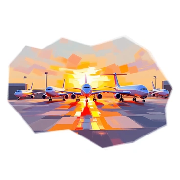 Multiple airplanes are lined up on a runway, their fuselages reflecting the golden hues of the rising sun. The aircraft vary in size and design, with commercial airliners and smaller private planes all positioned in neat rows. The sky is transitioning from deep navy to vibrant oranges and yellows, casting a warm glow on the tarmac. In the background, the silhouette of the airport terminal is visible, adding to the bustling atmosphere of early morning preparations for takeoff. The air is clear, highlighting the sleek lines and details of each airplane.