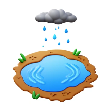 A puddle on a dirt path with visible ripples caused by falling raindrops. The surrounding dirt path is slightly muddy and textured, showing footprints and small patches of grass at the edges. The sky above is overcast, with dark clouds that suggest the ongoing rain. The raindrops create circular patterns on the water's surface, highlighting the interaction between the droplets and the puddle.