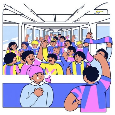 A train filled with animated soccer fans, known as ultras, with various team jerseys prominently displayed. Some fans are holding up scarves that feature vibrant colors and logos. The atmosphere inside the train is lively, with fans cheering and waving their arms in excitement. A few fans are singing and clapping, while others are capturing the moment on their phones. The train windows show a blurred landscape outside, indicating they are in motion. The interior of the train is decorated with soccer-themed stickers and posters, enhancing the spirited ambiance.