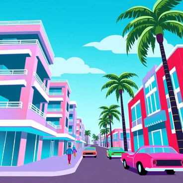 A vibrant Miami street filled with colorful Art Deco buildings featuring bold geometric patterns and pastel hues. The buildings have ornate details such as curved balconies and decorative motifs, each showcasing a unique design. The sky above is a clear, bright blue, casting vivid light onto the scene. Palm trees line the street, their lush green fronds swaying slightly in the breeze. A few pedestrians are walking along the sidewalk, enjoying the warm weather and the lively atmosphere. Classic cars in bright colors are parked along the curb, adding to the lively ambiance of the street.