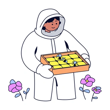 A beekeeper wearing a full-body white protective suit with a mesh veil is carefully holding a wooden frame filled with buzzing bees. The frame is rectangular and has cells filled with honeycomb visible. The beekeeper’s gloves are white and thick, ensuring protection. Surrounding the beekeeper, a few flowers can be seen, adding a touch of color to the scene. The sky above is clear, indicating a bright day.