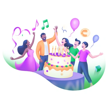 A joyful celebration scene featuring a diverse group of people dancing together. The individuals are dressed in colorful party attire and are smiling, expressing happiness and excitement. Balloons and streamers are scattered throughout the scene, adding to the festive atmosphere. In the background, a large cake is displayed on a table, adorned with candles and decorations. Music notes float around, symbolizing the lively music that enhances the celebration. The overall composition captures the essence of joy and togetherness in a vibrant party setting.