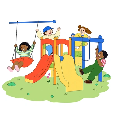 A vibrant playground filled with colorful equipment is bustling with activity. A group of children of diverse backgrounds is playing together, smiling and laughing. One child with curly hair is swinging high on a red swing, their feet in the air. Another child wearing a blue baseball cap is climbing up a bright yellow slide, while a girl with pigtails is sliding down with excitement. Nearby, a boy in green overalls is hanging from a blue monkey bar, displaying his strength. The playground is surrounded by fluffy green grass and a few blooming flowers, adding to the cheerful atmosphere.