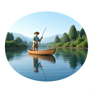 A fisherman with sun-kissed skin and a wide-brimmed hat is standing in a small, wooden boat. He is wearing a light blue shirt and khaki shorts. The man is leaning slightly forward, holding a fishing rod with both hands, casting a bright orange fishing line into the calm water of the lake. The surface of the lake reflects the blue sky, and there are gentle ripples emanating from where the line enters the water. Surrounding the lake are lush green trees and shrubs, creating a peaceful and serene environment. In the background, distant mountains are partially obscured by a light morning mist.