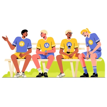 A group of four players sitting on a wooden bench during halftime, each wearing colorful sports uniforms with their team's logo displayed prominently. One player with short black hair gestures animatedly as he discusses strategies, while another player with curly blonde hair listens intently, nodding in agreement. The third player, a tall individual with glasses, holds a water bottle and takes a sip before contributing his ideas. The fourth player, a young woman with a ponytail, is taking notes on a small pad, focused on capturing important tips for the next half. The background shows a vibrant sports field with bright green grass, and the atmosphere is filled with energy and excitement.