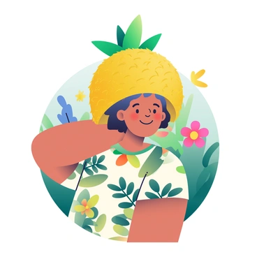 A person with light brown skin is wearing a quirky hat designed to resemble a jackfruit. The hat is large and textured, with green and yellow spiky elements that mimic the appearance of the fruit. The person has short black hair and is smiling, showcasing their enjoyment of the unique accessory. They are wearing a casual, colorful short-sleeve shirt with a pattern of tropical leaves. In the background, there are hints of a vibrant outdoor setting filled with green foliage and bright flowers.