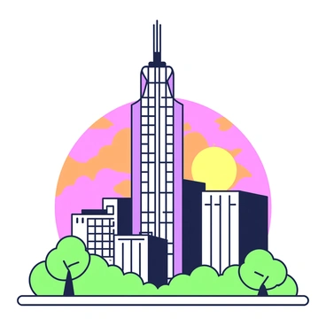 A tall city tower stands prominently against a sunset sky. The tower has a sleek, modern design, with large glass windows reflecting the vibrant hues of the sky. The sky is filled with a gradient of colors as the sun sets, creating a dramatic backdrop. Surrounding the tower are smaller buildings, enhancing its height and emphasizing its stature. Silhouettes of trees can be seen in the foreground, framing the scene. The entire composition conveys a sense of strength and stability.
