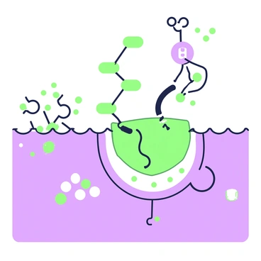 A detailed illustration of a receptor protein located on a membrane surface. The protein has a distinct three-dimensional shape, with various structural components such as alpha-helices and beta-sheets visible. A signal molecule is shown binding to the active site of the receptor, demonstrating a close interaction. The membrane surface is depicted with a smooth texture and includes lipid bilayer elements. Nearby, there are small protein clusters and lipid molecules, emphasizing the cellular context. The overall composition captures the intricate details of molecular interaction at the membrane level.
