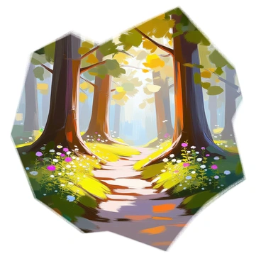 A narrow path covered in lush green moss winds gently through a dense forest. On either side of the path, tall trees with thick trunks rise majestically, their leaves forming a vibrant canopy overhead. Sunlight filters through the branches, casting dappled light onto the ground. Ferns and small wildflowers peek out from the edges of the path, adding splashes of color to the natural scene. The atmosphere is tranquil, with soft sounds of nature in the background.