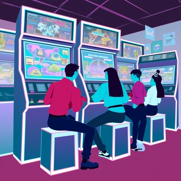 A bustling 80s-style arcade filled with colorful game machines. Bright screens display pixelated graphics, showcasing various classic games like racing and fighting. A group of diverse players, including teenagers with high-top haircuts and vibrant clothing, are intensely focused on their games. The sound of electronic music and game sound effects fills the air. Neon lights illuminate the space, creating a lively atmosphere. Posters of popular arcade games are plastered on the walls, adding to the nostalgic vibe of the scene.