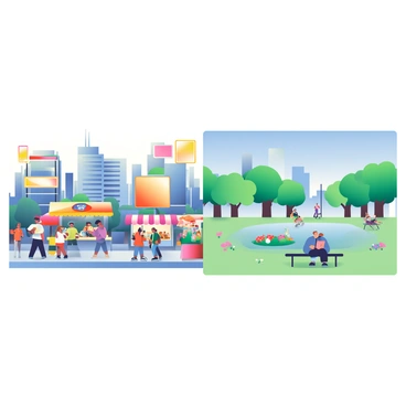 A panoramic view of a cityscape is divided into two distinct halves. On the left side, there is a bustling scene filled with various people walking along the sidewalks. Some are hailing taxis while others are enjoying street food from vibrant stalls. High-rise buildings loom overhead, and colorful billboards are illuminated, adding to the lively atmosphere. In contrast, the right side of the image depicts a calm and quiet section of the city. Here, fewer people are present, and a serene park with green trees and flower beds is visible. A still pond reflects the blue sky, and a single person is sitting on a bench, reading a book. The transition between the two halves is seamlessly blended, showcasing the contrasting energy of urban life.