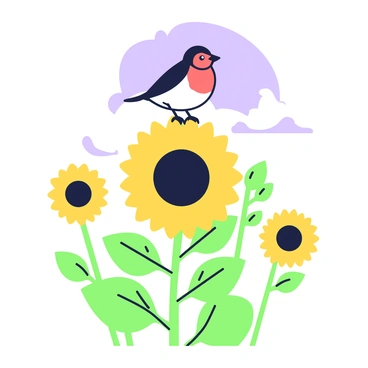 A robin is perched atop a tall sunflower, with its vibrant red breast prominently displayed. The sunflower has large, golden petals and a dark center, towering above lush green leaves. The sunflower is gently swaying in the breeze, causing the robin to adjust its stance slightly. Surrounding the sunflower is a soft, blurred background of more sunflowers, all reaching for the sky, with a clear blue sky above. The scene captures the harmony between the robin and the sunflower in nature.