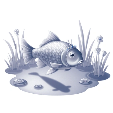 A fish with shimmering scales glides gracefully through a pond. The scales catch the light, reflecting intricate patterns. This fish wears a small crown atop its head, adorned with tiny jewels. The pond is surrounded by lush greenery, with soft reeds gently swaying in the water. Ripples spread from the fish as it moves, creating a mesmerizing effect on the surface. Various water plants and flowers float nearby, adding to the enchanting atmosphere of the scene.