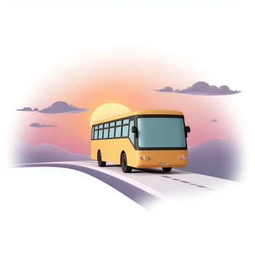 A large bus, painted in bright colors with a sleek design, is driving along a smooth road. The bus is positioned in the foreground, heading towards the horizon. The sunset in the background displays a dramatic array of orange, pink, and purple hues, blending seamlessly in the sky. The sun, partially hidden at the edge of the horizon, casts warm light that reflects off the bus's windows. Silhouetted clouds are scattered across the sky, enhancing the vibrant sunset. The road stretches out ahead, guiding the bus into the colorful distance.