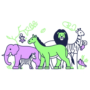 A collection of wild animals is illustrated in a continuous line style, showcasing their shapes. In the center, there is a lion, with its mane flowing elegantly. Next to the lion, a tall giraffe stands with its long neck extending upwards. A sleek zebra appears beside the giraffe, featuring its distinct stripes. Below them, a leaping gazelle captures motion with its arched body and long legs. On one side, a powerful elephant is depicted with its trunk raised, while on the other side, a playful monkey hangs from a branch, showcasing its agile form. Each animal is interconnected by a flowing line that enhances the overall composition.