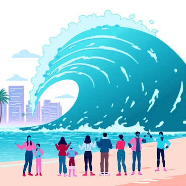 A gigantic tsunami wave, towering and frothy, is surging toward a coastal city. The wave has a deep blue hue, with white caps and swirling patterns that convey its immense power. In the foreground, a diverse group of people, including men, women, and children, stand on a sandy beach, gazing in shock and awe at the approaching wave. Some individuals are pointing at the wave, while others have expressions of fear or disbelief. The city skyline is visible in the background, with modern buildings and palm trees, emphasizing the contrast between the urban scene and the natural disaster. The sky above is filled with ominous clouds, hinting at the chaos about to unfold.