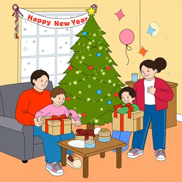 A cheerful family gathered in a cozy living room decorated with colorful streamers and balloons. They are sitting around a beautifully adorned Christmas tree, which is sparkling with lights and ornaments. The family members, including a father, a mother, and two children, are smiling and exchanging gifts wrapped in bright, festive paper. The children are excitedly holding a large box and peeking inside. In the background, there is a table set with a variety of snacks and drinks, and a banner that reads "Happy New Year" is hung above the tree. The room is filled with a warm glow from the lights and a sense of joy as they share wishes for the upcoming year.