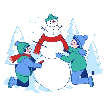 A red scarf is tied around the neck of a white snowman that two children are building. One child, wearing a teal winter coat and a matching hat, is rolling a large snowball, while the other child, dressed in a blue jacket, is stacking a smaller snowball on top. Snowflakes are gently falling around them, creating a whimsical winter atmosphere. In the background, white snow-covered trees can be seen, adding to the seasonal setting. The children are smiling and laughing as they add twigs for the snowman's arms and a carrot for its nose.