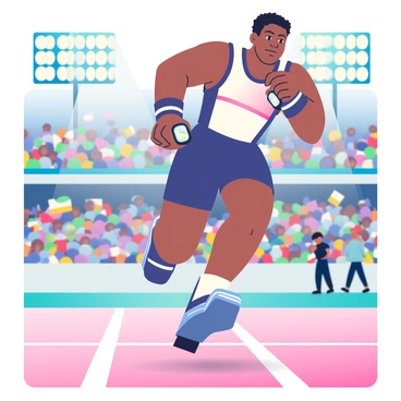 An athlete with a muscular build is sprinting down a track, showcasing intense focus on their face. They are wearing a sleek, aerodynamic suit that reflects light, enhancing their streamlined appearance. In their hands, they grip advanced equipment, which features glowing elements and high-tech displays. The background captures the excitement of a crowded stadium, with spectators cheering and waving flags. Bright floodlights illuminate the scene, adding a dynamic atmosphere to this thrilling sports moment.