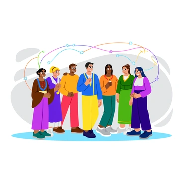 A group of diverse individuals representing different countries stands together. Each person is dressed in traditional clothing that reflects their cultural heritage. They are linked by an intricate network of glowing digital lines that crisscross between them, symbolizing their connections. The background features a subtle gradient that enhances the vibrant colors of their outfits and the luminous lines, creating a dynamic and engaging visual effect.