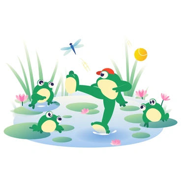 A group of five frogs with vibrant green skin and large, bulging eyes are playing kickball on lily pads in a tranquil pond. One frog, wearing a small red baseball cap, is mid-kick, sending a yellow kickball soaring into the air. The lily pads are varying shades of green and scattered across the calm water, dotted with pink and white lotus flowers. A dragonfly is hovering nearby, observing the playful scene. In the background, tall reeds sway gently, completing the lively atmosphere of frogs enjoying their game.