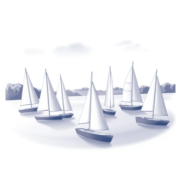 A fleet of small sailing boats is present in a calm bay. Each boat has white sails fully extended, catching the gentle breeze. The boats vary in size, some with a single mast and others with multiple masts. The water is smooth and reflects the shapes of the boats. In the background, there are distant shoreline features, including rocky outcrops and sparse vegetation. The sky above is clear, with a few scattered clouds, creating a tranquil atmosphere. The scene captures the essence of a peaceful day on the bay.