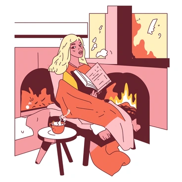 Elaine is sitting comfortably on a wooden chair next to a warm fireplace. She is wrapped in a soft, colorful blanket that drapes over her lap. In her hands, she holds a thick book, its pages slightly worn, indicating it has been well-loved. The flickering flames of the fire cast a cozy orange glow, illuminating her face and creating a welcoming atmosphere. Snow can be seen falling gently outside the window, adding to the winter ambiance. A small table beside her holds a steaming cup, sending wisps of steam into the air.