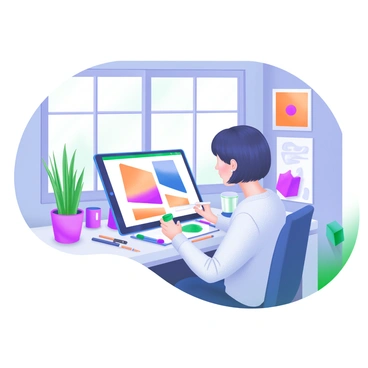 A digital tablet rests on a sleek, modern desk surrounded by various art supplies. An artist with short hair, wearing a comfortable sweater, focuses intently on the screen as they create vibrant illustrations. The workspace features a large window allowing natural light to flood in, illuminating the colorful artwork displayed on the walls. Nearby, a plant adds a touch of greenery to the environment. A coffee mug sits beside the tablet, and a few pencils are scattered around, emphasizing the creative atmosphere.