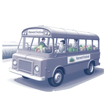 An old, weathered bus is parked on a dirt road, covered in dust and showing signs of age. Inside the bus, there are several farmers, each dressed in simple, practical clothing, displaying a sense of camaraderie as they chat among themselves. The bus is filled with crates overflowing with fresh produce, including ripe vegetables and colorful fruits. The atmosphere is lively, as the farmers are excited about the upcoming harvest festival. The surrounding landscape features fields of crops stretching into the distance, highlighting the agricultural theme of the scene. A banner reading "Harvest Festival" is prominently displayed on the front of the bus.