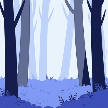 A dense forest with tall, dark green trees. The scene is filled with a thick layer of fog that blankets the ground. Soft rays of sunlight can be seen breaking through the mist, creating streaks of light that illuminate parts of the forest floor. The trees have a variety of textures, with some showcasing smooth bark while others are rough. Small patches of underbrush and ferns peek through the fog, adding depth to the scene.