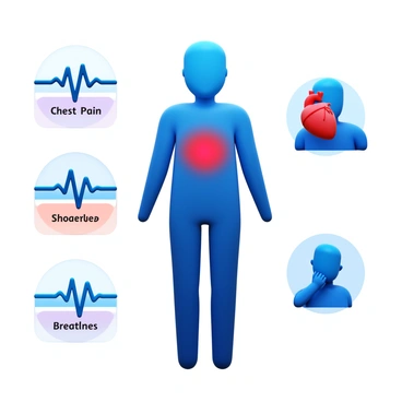 A visual guide featuring a human silhouette with highlighted areas indicating "chest pain" and "shortness of breath". The silhouette is surrounded by labeled icons representing various symptoms of heart disease. These icons include a heart with an electrocardiogram line, a depiction of a person holding their chest, and a representation of breathless actions such as a person clutching their throat. The background is clear to emphasize the icons and silhouette. Each labeled icon should have a distinct design for clarity.