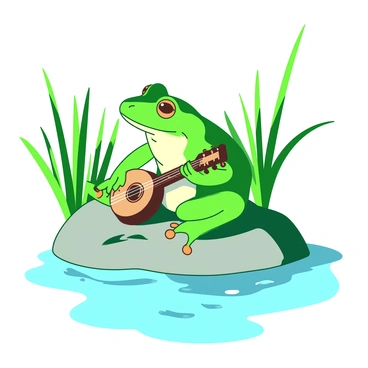 A green bullfrog is sitting on a small rock, holding a tiny banjo between its webbed feet. The bullfrog is looking focused, with its large eyes slightly narrowed in concentration. Surrounding the bullfrog are tall, vibrant green reeds gently swaying in a light breeze. The setting is peaceful, with a few soft ripples in the water nearby, reflecting the natural greenery around.