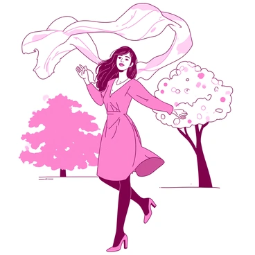 A pink model with flowing hair is elegantly tossing a white scarf into the wind. The scarf is caught mid-air, billowing gracefully around her. The model is wearing a stylish outfit that complements the vibrant colors of the scarf. In the background, there are blurred trees swaying slightly, hinting at a gentle breeze. The sunlight casts a soft glow on her figure, accentuating her poised stance.