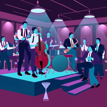 A lively jazz band consisting of four musicians is performing on a small raised stage in a hidden speakeasy. The band includes a trumpet player, a saxophonist, a double bassist, and a drummer, each immersed in their music. Surrounding them, the dimly lit room is filled with mafia patrons dressed in vintage suits and dresses, engaged in animated conversations. The walls are lined with dark wood paneling, and low-hanging lamps cast a warm glow, illuminating the scene. Cocktail tables are scattered throughout, with glasses half-filled with drinks. A few patrons are clapping along to the rhythm, while others sit back, enjoying the atmosphere.