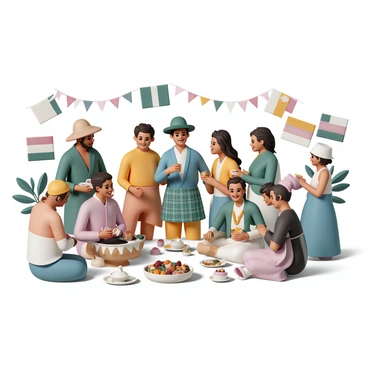 A colorful scene depicting a diverse group of people from various world cultures gathered together in harmony. Each person is wearing traditional clothing representative of their culture, such as a Japanese kimono, a Scottish kilt, a Mexican sombrero, and an Indian saree. They are smiling and interacting with one another, sharing food and engaging in conversation. Background elements include flags from different countries and cultural artifacts, such as a drumming circle, an incense burner, and a table filled with traditional dishes from around the world. The atmosphere is vibrant and lively, showcasing a celebration of cultural diversity.