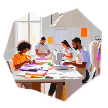 Designers from diverse backgrounds creating sustainable clothing in a workshop
