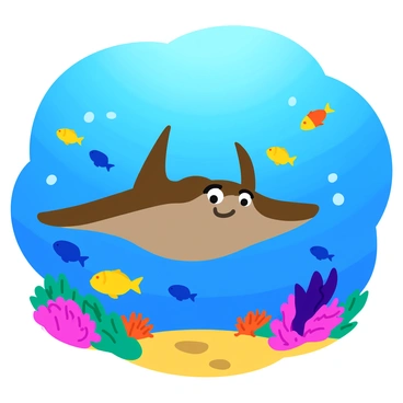 A curious manta ray gliding gracefully through clear blue water. The manta ray has a wide, flat body with distinctive wing-like fins and a gentle expression. Surrounding the manta ray is a vibrant school of colorful fish, featuring various shapes and hues such as bright yellow, deep blue, and striking orange. These fish move in unison, creating a dynamic scene. In the background, a lively coral reef filled with intricate coral structures and textures adds depth to the composition, showcasing shades of pink, purple, and green. Sunlight filters through the water, casting shimmering patterns on the sandy ocean floor below.
