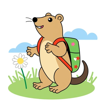 A cartoonish shrew with large, expressive eyes and a small snout is standing upright on its hind legs. The shrew has a light brown fur coat with a darker shade on its back. It is wearing a tiny, colorful backpack secured with two straps over its shoulders. The backpack is adorned with a fun pattern of stars and hearts. The shrew has a look of excitement and determination on its face, and its front paws are clenched in anticipation. In the background, there are playful illustrations of a grassy meadow with a few daisies and a bright blue sky.