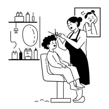A child sitting in a salon chair is giggling with joy as a stylist works on their hair. The stylist is wearing a black apron and is focused on cutting the child's hair with scissors. The child has curly hair and is looking at their reflection in a mirror with excitement. There are colorful hair products displayed on a nearby shelf and a large poster of cartoon characters on the wall. A hairdryer hangs from the wall, and there are hair clippings scattered on the floor around the chair.
