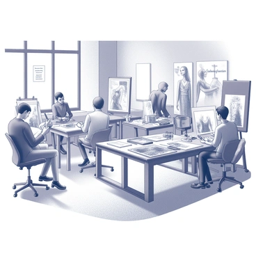 A spacious office filled with a variety of drawing tables and easels. Several artists are concentrated on their tasks, sketching fashion figures with pencils and charcoal. Each artist has their own unique workspace, cluttered with various art supplies such as sketchbooks, markers, and fabric swatches. The walls are adorned with completed illustrations showcasing elegant clothing designs. Large windows allow natural light to flood the room, illuminating the dynamic atmosphere of creativity and collaboration. "Fashion Illustration Agency" is displayed on a sign above the main entrance.