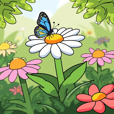 A delicate butterfly with colorful wings is perched on a vibrant blooming flower in a spring garden. The butterfly has a mix of blue, yellow, and black patterns on its wings, showcasing intricate designs. The flower is a large daisy with white petals and a bright yellow center, surrounded by lush green leaves. The garden is filled with other blooming flowers in various colors, creating a lively atmosphere. Sunlight filters through the leaves, casting soft shadows on the ground.