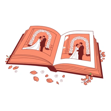 An orange wedding album is open to showcase elegant photos of the ceremony. Each photo features the couple exchanging vows under a beautifully decorated arch adorned with white floral arrangements. Surrounding the album are delicate orange and white flower petals scattered artfully. The background is filled with hints of greenery and soft lighting, enhancing the romantic atmosphere of the wedding.