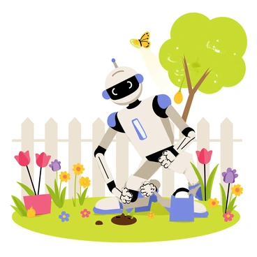 A friendly robot with a shiny silver exterior and bright blue accents is kneeling in a vibrant backyard. The robot is holding a small trowel and is planting colorful flowers in the ground. Surrounding the robot are various blooming plants, including red tulips, yellow daisies, and purple pansies. In the background, there is a white picket fence and a large, leafy green tree casting dappled sunlight over the scene. A small watering can is positioned beside the robot, and a cheerful butterfly flutters nearby.