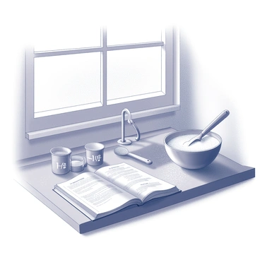 A kitchen scene focused on a wooden countertop. Several measuring cups are arranged, each displaying different fractions, such as 1/4, 1/2, and 3/4. A mixing bowl sits nearby, filled with batter, with a wooden spoon resting against the bowl. Flour dust is scattered across the countertop, and a recipe book is opened, showcasing a cake recipe. A window above the sink allows natural light to illuminate the kitchen, enhancing the inviting atmosphere.