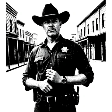 A stern sheriff is standing confidently on a small-town main street. He has a weathered face, with deep lines etched from years of service. His bright badge glints in the light, pinned firmly on his chest. He is wearing a dark cowboy hat and a buttoned shirt tucked into rugged trousers. His hands grip a shotgun firmly, positioned at his side. The buildings of the small town line the street behind him, featuring wooden facades and rustic storefronts, adding to the atmosphere of a lawman ready to uphold order.